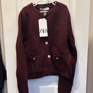 Zara Maroon Knit Cardigan with Gold Accents